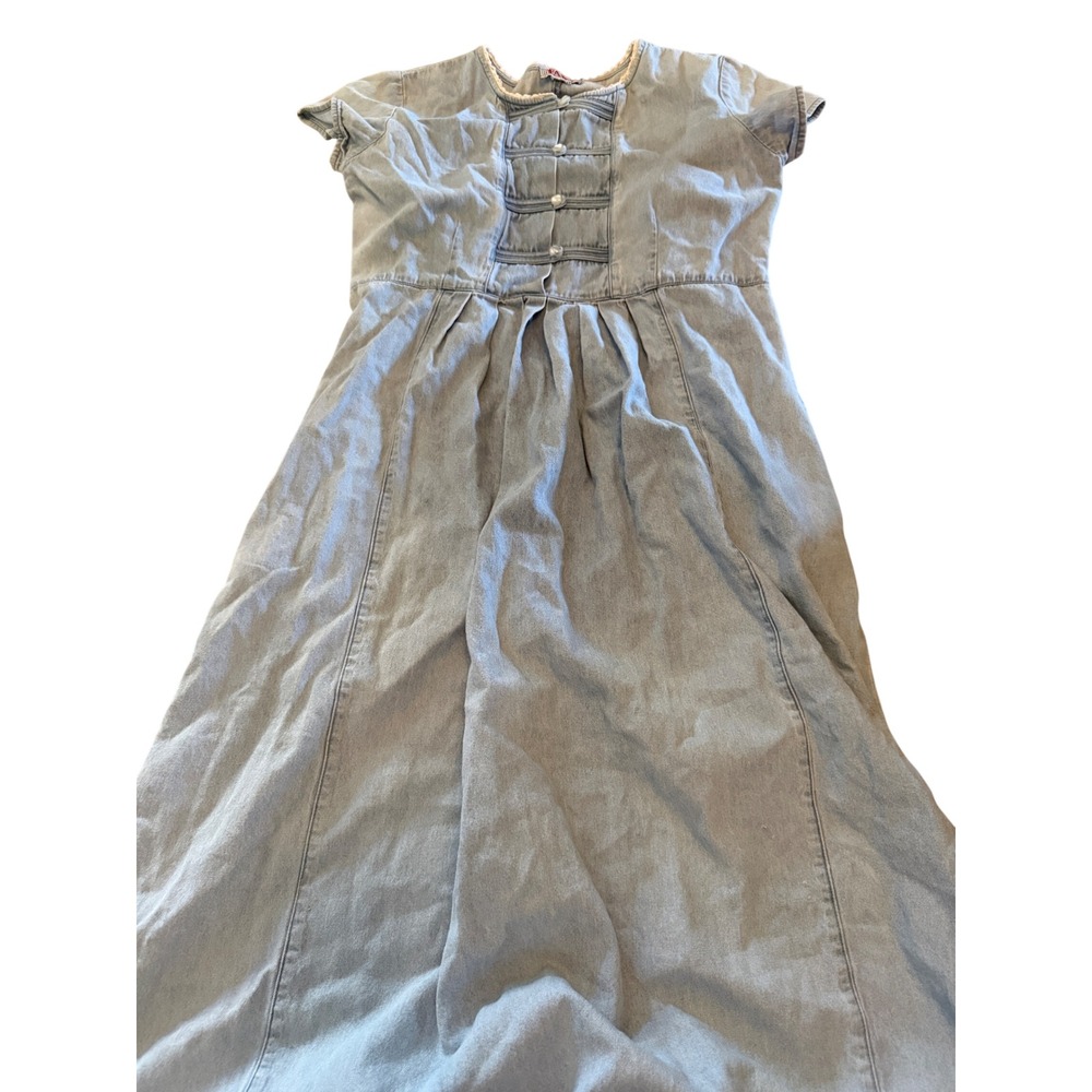 FADS Vintage Denim Midi Dress Light Wash Lace Trim Pintuck Pleat Cottage